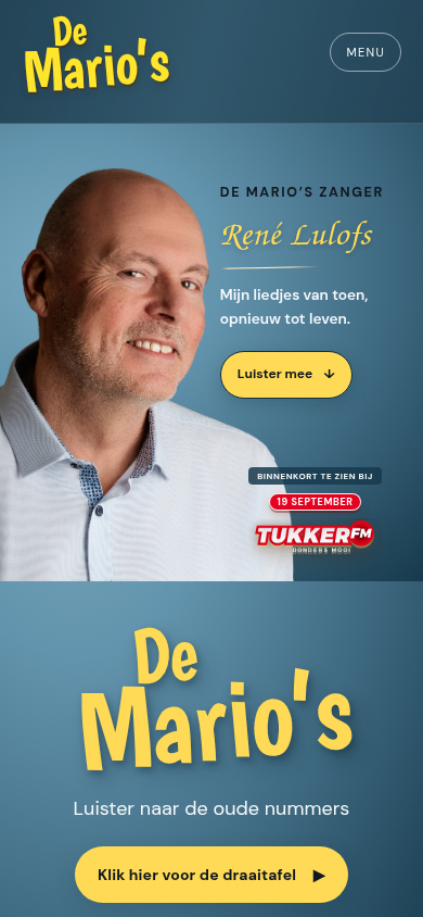 De homepage van De Mario’s op mobiel